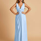 Sexy Satin Deep V-neck Long Bridesmaid Dresses A-line Pleats Sleeveless Floor Length