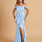 Satin Mermaid Off Shoulder Bridesmaid Dresses With Ruffles Side Slit Floor Length