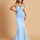 Satin Mermaid V-neck Prom Dresses Spaghetti Straps Floor Length