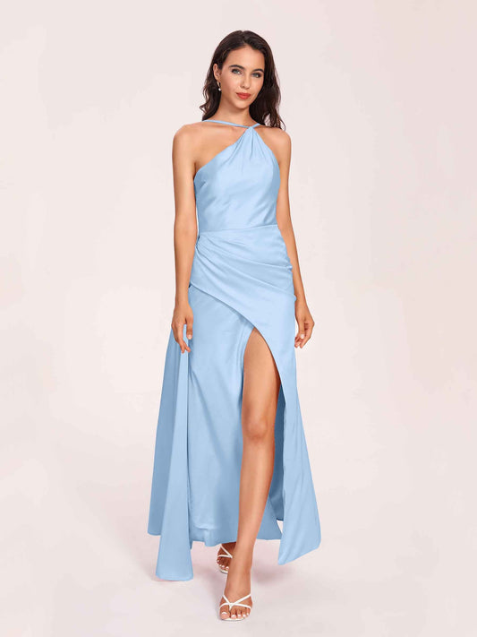 Sexy Satin Halter Strap Sheath Prom Dresses Side Slit Pleats Floor Length