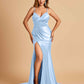 Satin Mermaid V-neck Bridesmaid Dresses Spaghetti Straps Side Slit Floor Length