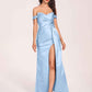 Elegant Satin Off Shoulder Prom Dresses Side-slit Sweetheart Floor Length Sheath