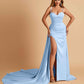 Sexy Satin Sheath Prom Dresses Spaghetti Straps Sweetheart Side Slit With Train