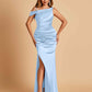 Unique Satin One Shoulder Prom Dresses Side Slit Half Open Back Floor Length