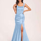 Sexy Satin Square Mermaid Bridesmaid Dresses Pleats Side-Slit Floor-Length Sleeveless