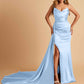Sexy Satin Sheath Bridesmaid Dresses Strapless Sweetheart Side Slit With Train