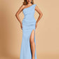Satin One-shoulder Bridesmaid Dresses Mermaid Side Slit Sleeveless Floor Length