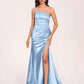 Satin One-shoulder Mermaid Prom Dresses Side Slit Pleats Floor Length