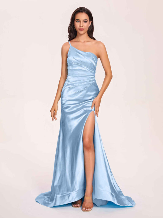 Satin One-shoulder Mermaid Prom Dresses Side Slit Pleats Floor Length