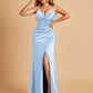 Sexy Satin Sheath Bridesmaid Dresses Spaghetti Straps V-neck Side Slit Pleats Floor Length