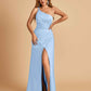 Satin One Shoulder Sheath Prom Dresses Spaghetti Straps Side Slit Floor Length