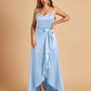 Satin Asymmetric V-neck Bridesmaid Dresses Sleeveless Side Slit A-line Unique For Sale