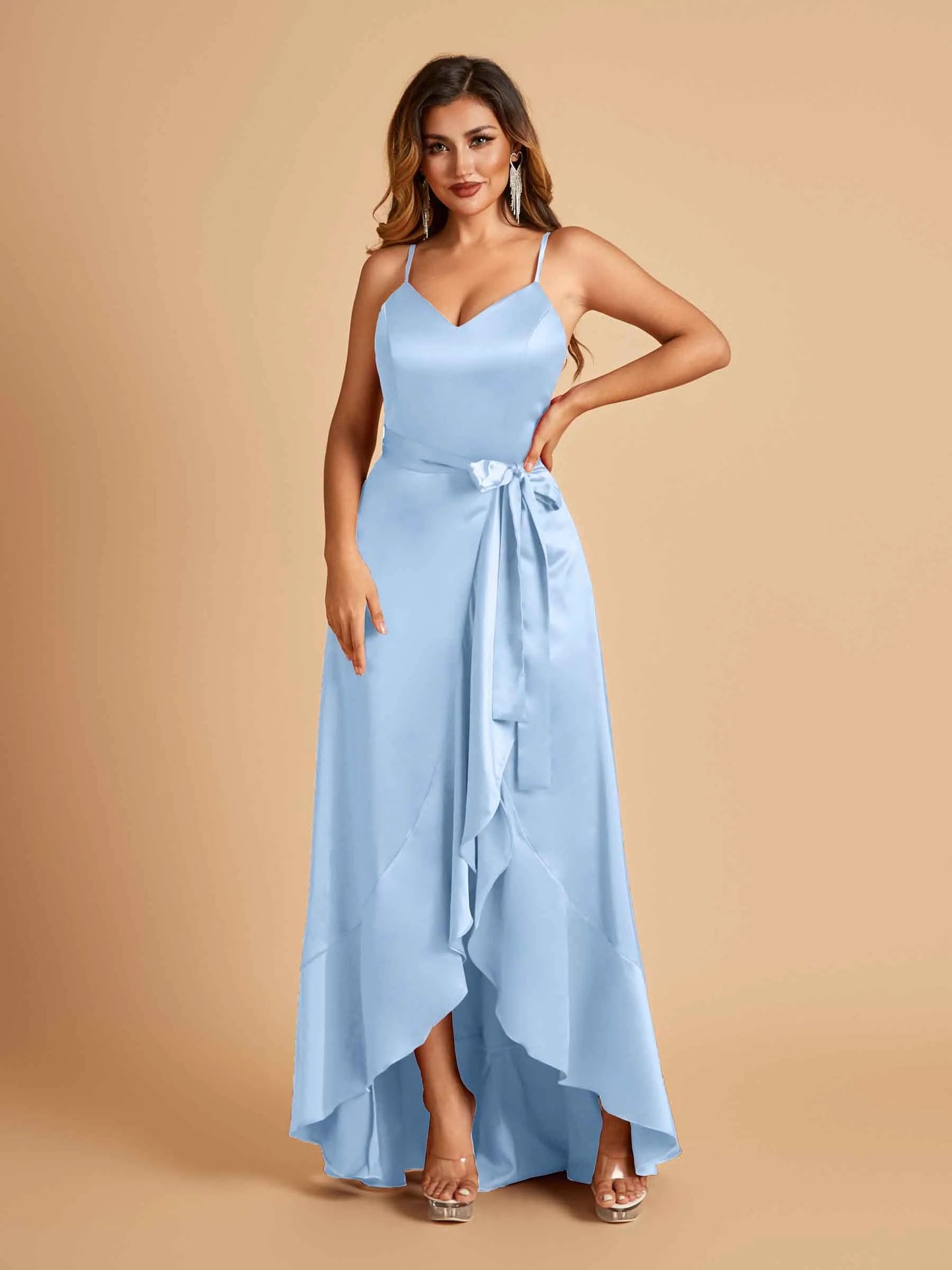 Satin Asymmetric V-neck Bridesmaid Dresses Sleeveless Side Slit A-line Unique For Sale