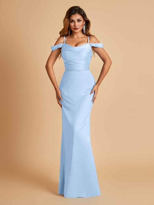 Sexy Off Shoulder Mermaid Long Prom Dresses Satin Spaghetti Straps Floor Length