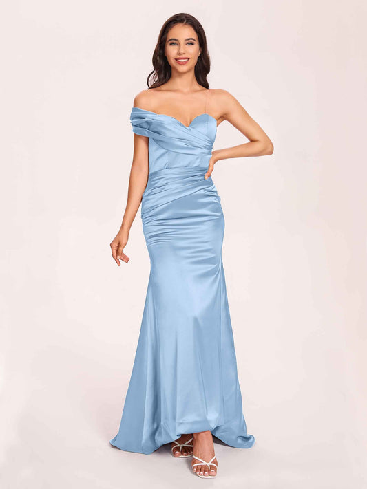 Satin One-shoulder Prom Dresses Pleats Floor Length Mermaid Long