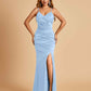 Sexy Satin Mermaid Bridesmaid Dresses Spaghetti Straps V-neck Side Slit Floor Length