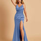 Sexy Satin Mermaid Bridesmaid Dresses Spaghetti Straps V-neck Side Slit Half Open Back