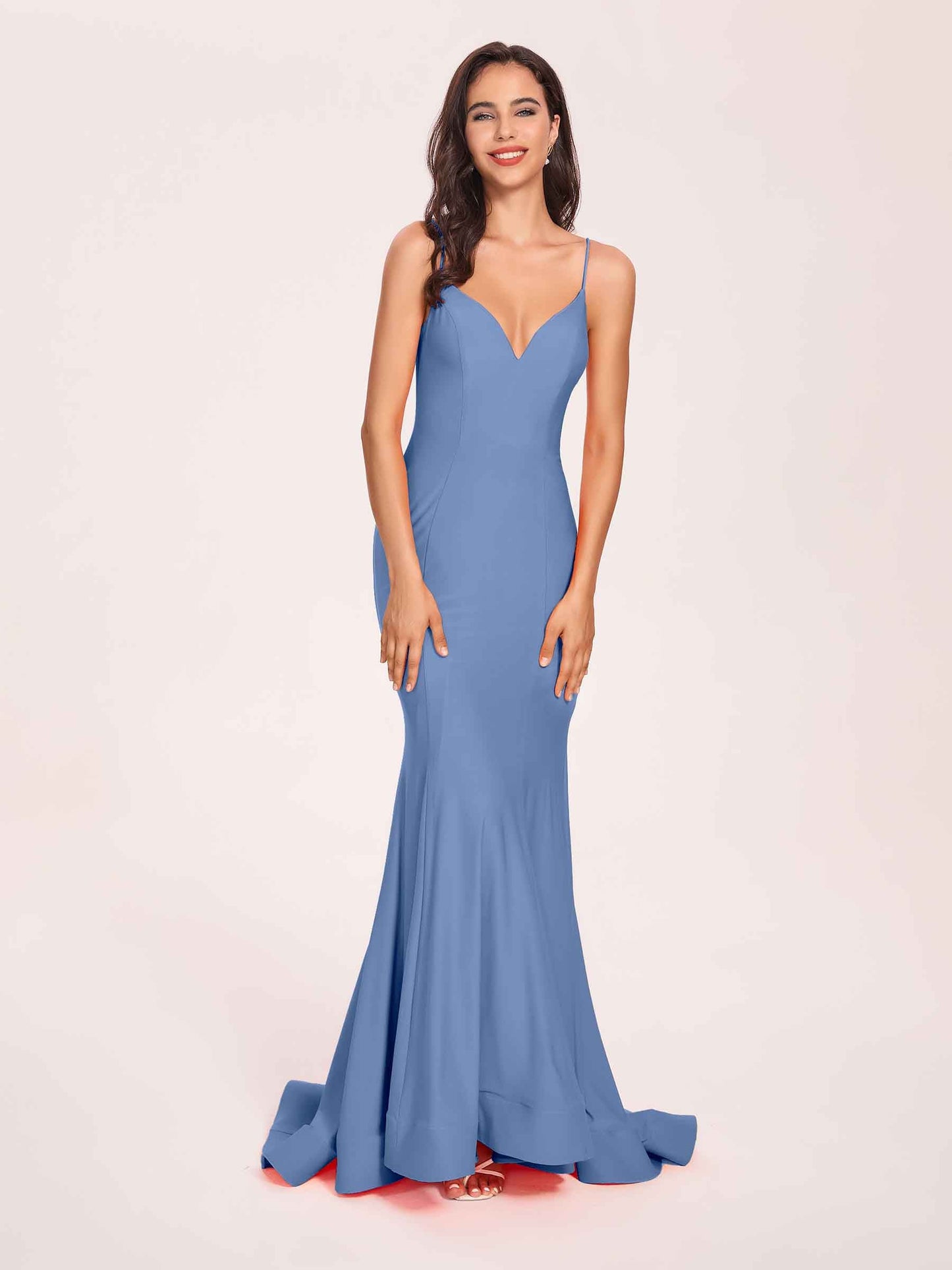 Sexy Satin Mermaid Prom Dresses Spaghetti Straps V-neck Floor Length Lace-up Back