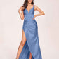 Satin Spaghetti Straps Corset Prom Dresses Pleats Side-Slit Sheath Floor Length