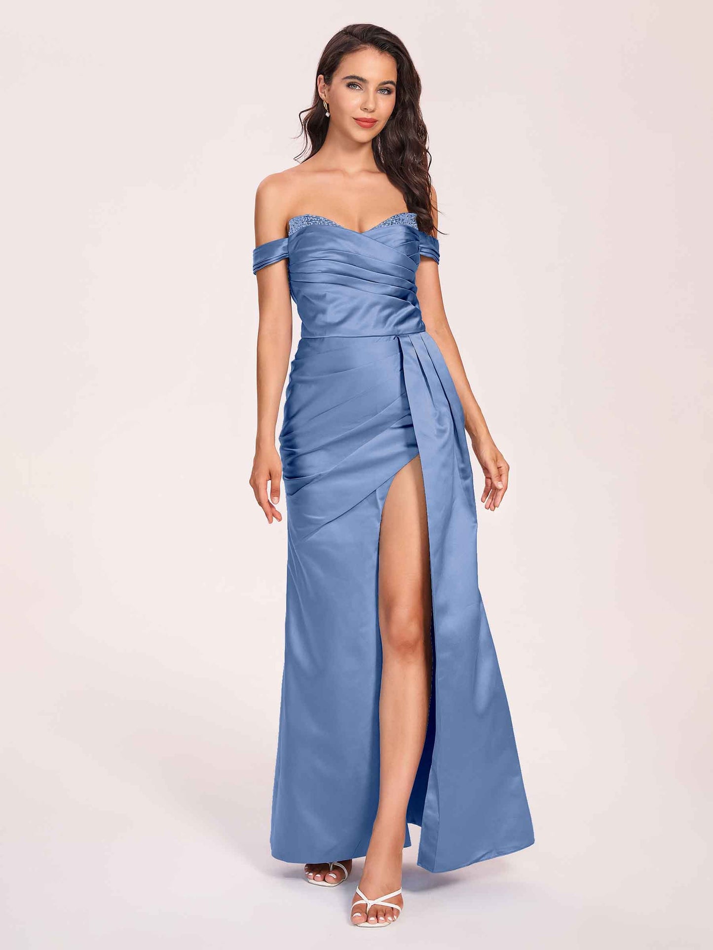 Elegant Satin Off Shoulder Bridesmaid Dresses Side-slit Sweetheart Floor Length Sheath