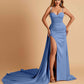 Sexy Satin Sheath Bridesmaid Dresses Spaghetti Straps Sweetheart Side Slit With Train