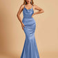 Satin Mermaid Open Back Bridesmaid Dresses Spaghetti Straps Scoop Floor Length
