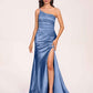 Satin One-shoulder Mermaid Bridesmaid Dresses Side Slit Pleats Floor Length