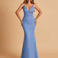 Satin Deep V-neck Mermaid Prom Dresses Open Back Floor Length