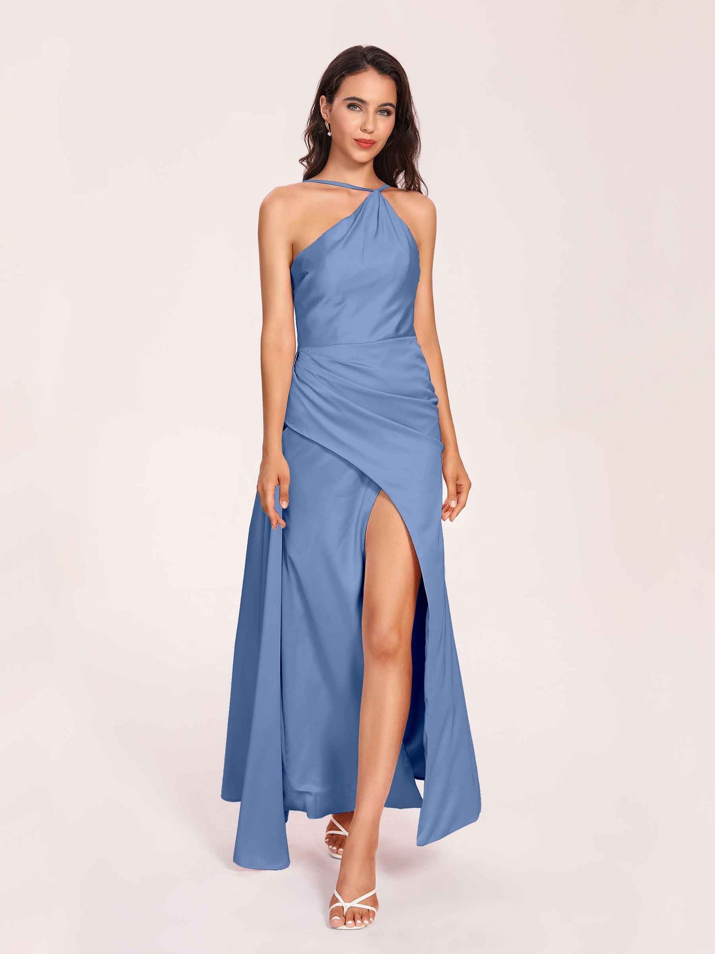 Sexy Satin Halter Strap Sheath Prom Dresses Side Slit Pleats Floor Length