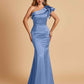 Satin One-shoulder Bridesmaid Dresses Ruffle Sleeves Mermaid Floor Length For Sale