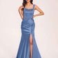 Sexy Satin Square Mermaid Bridesmaid Dresses Pleats Side-Slit Floor-Length Sleeveless