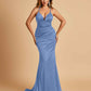 Satin Mermaid Open-back Prom Dresses Spaghetti Straps V-neck With Pleats Floor Length