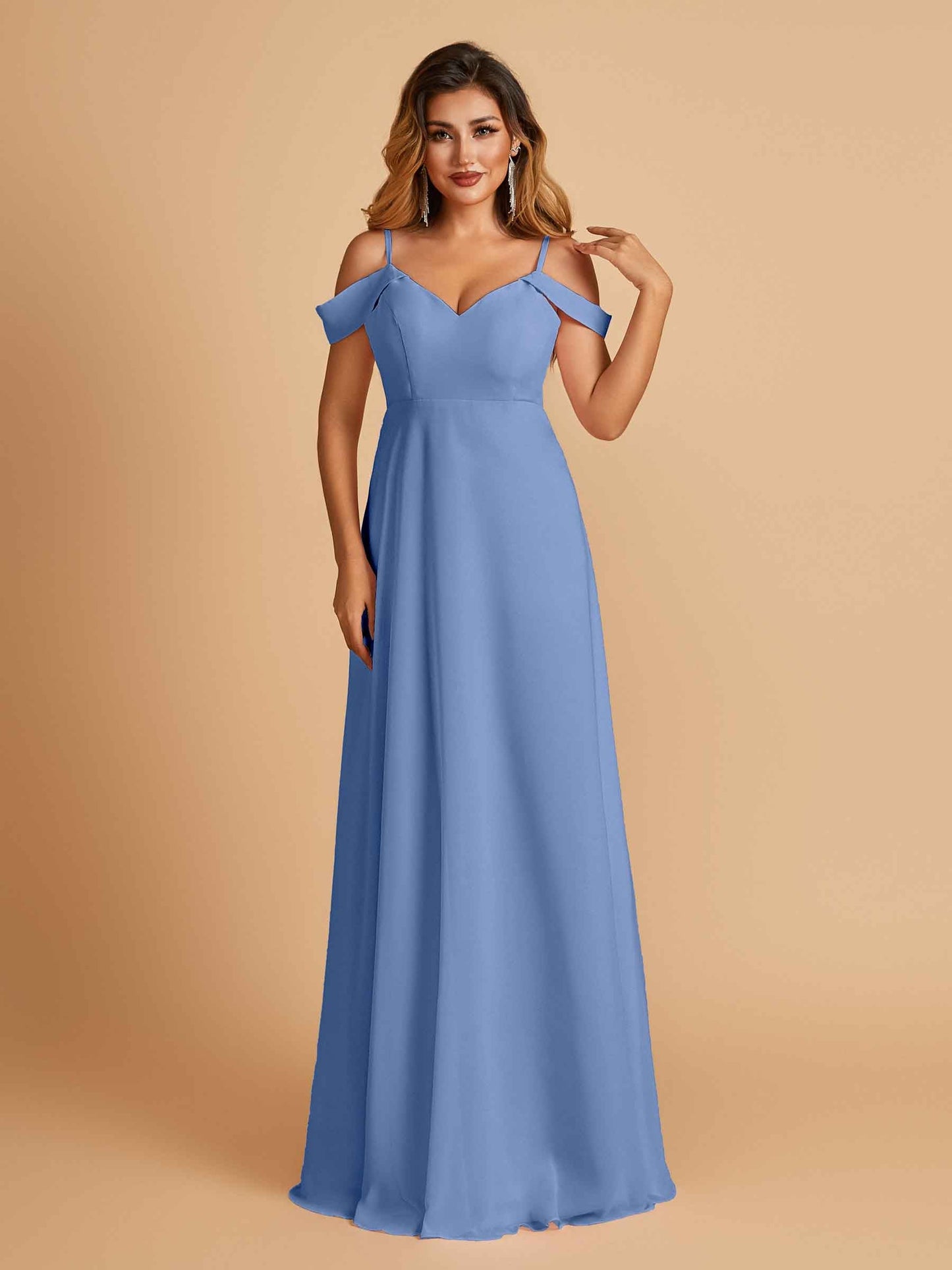 Chiffon Off-shoulder Long Prom Dresses V-neck Floor Length A-line