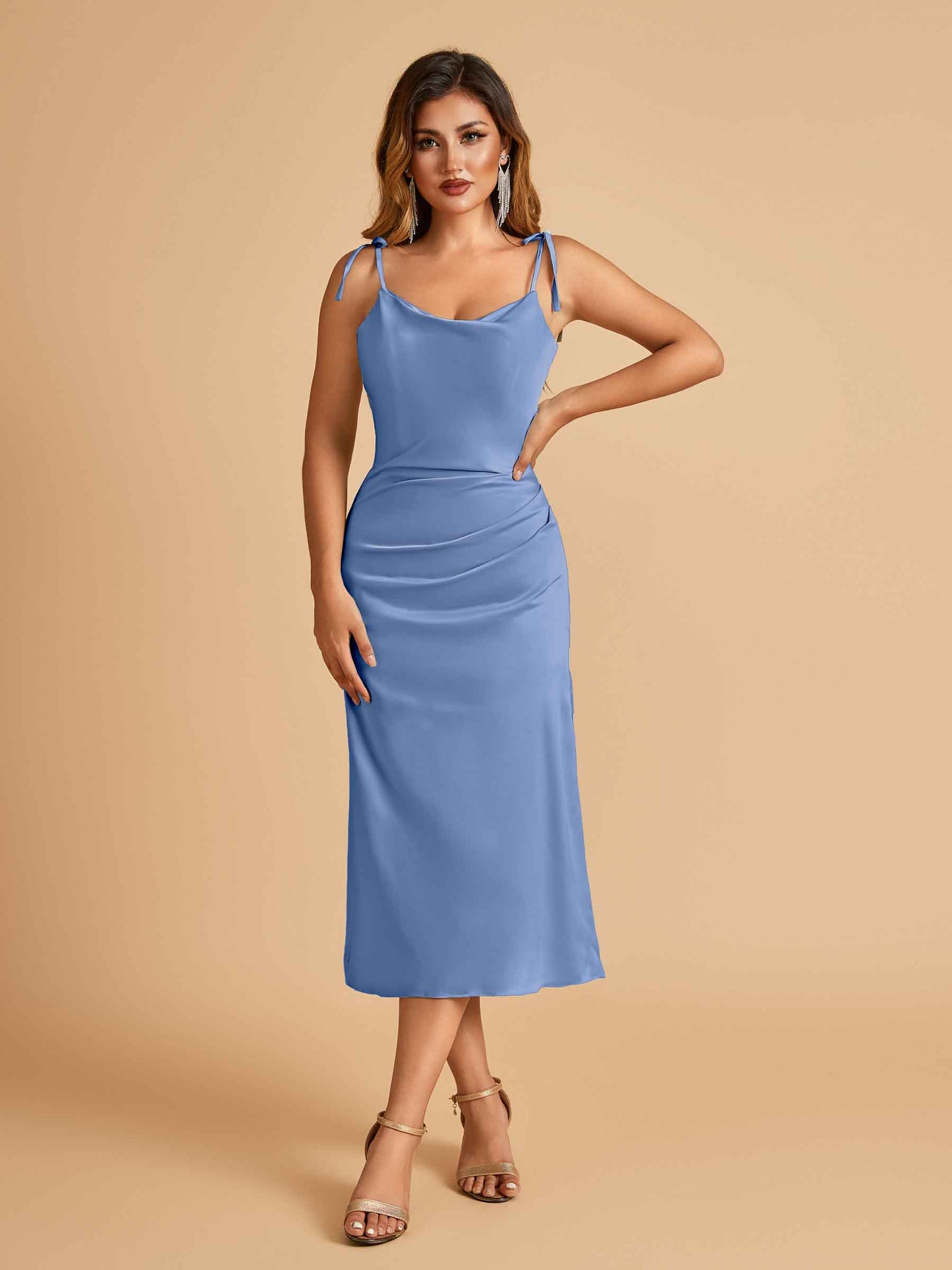 Sexy Satin Midi Bridesmaid Dresses Spaghetti Straps Slip Scoop Side Slit