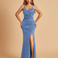 Sexy Satin Mermaid Bridesmaid Dresses Spaghetti Straps V-neck Side Slit Floor Length
