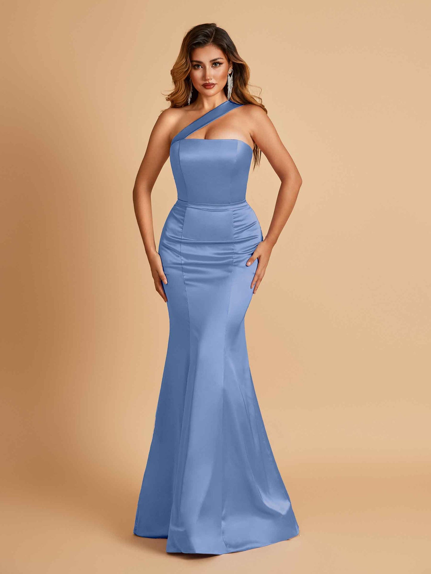 Sexy Satin Mermaid Bridesmaid Dresses One Shoulder Floor Length
