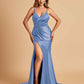 Satin Mermaid V-neck Bridesmaid Dresses Spaghetti Straps Side Slit Floor Length