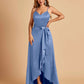 Satin Asymmetric V-neck Bridesmaid Dresses Sleeveless Side Slit A-line Unique For Sale