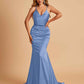 Sexy Satin Mermaid Prom Dresses Spaghetti Straps V-neck Pleats Floor Length