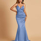 Satin Mermaid V-neck Prom Dresses Spaghetti Straps Floor Length