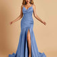 Sexy Satin Mermaid Open Back Prom Dresses Spaghetti Straps V-neck Side Slit