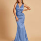 Sexy Satin Criss-cross Back Bridesmaid Dresses Mermaid Deep V-neck Back Pleats Floor Length