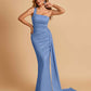 Sexy Satin One Shoulder Mermaid Bridesmaid Dresses Pleats Floor Length