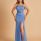 Satin Mermaid Long Bridesmaid Dresses Spaghetti Straps Scoop Side Slit Criss-cross Back