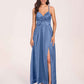 Satin Spaghetti Straps A-line Bridesmaid Dresses Side Slit Floor Length
