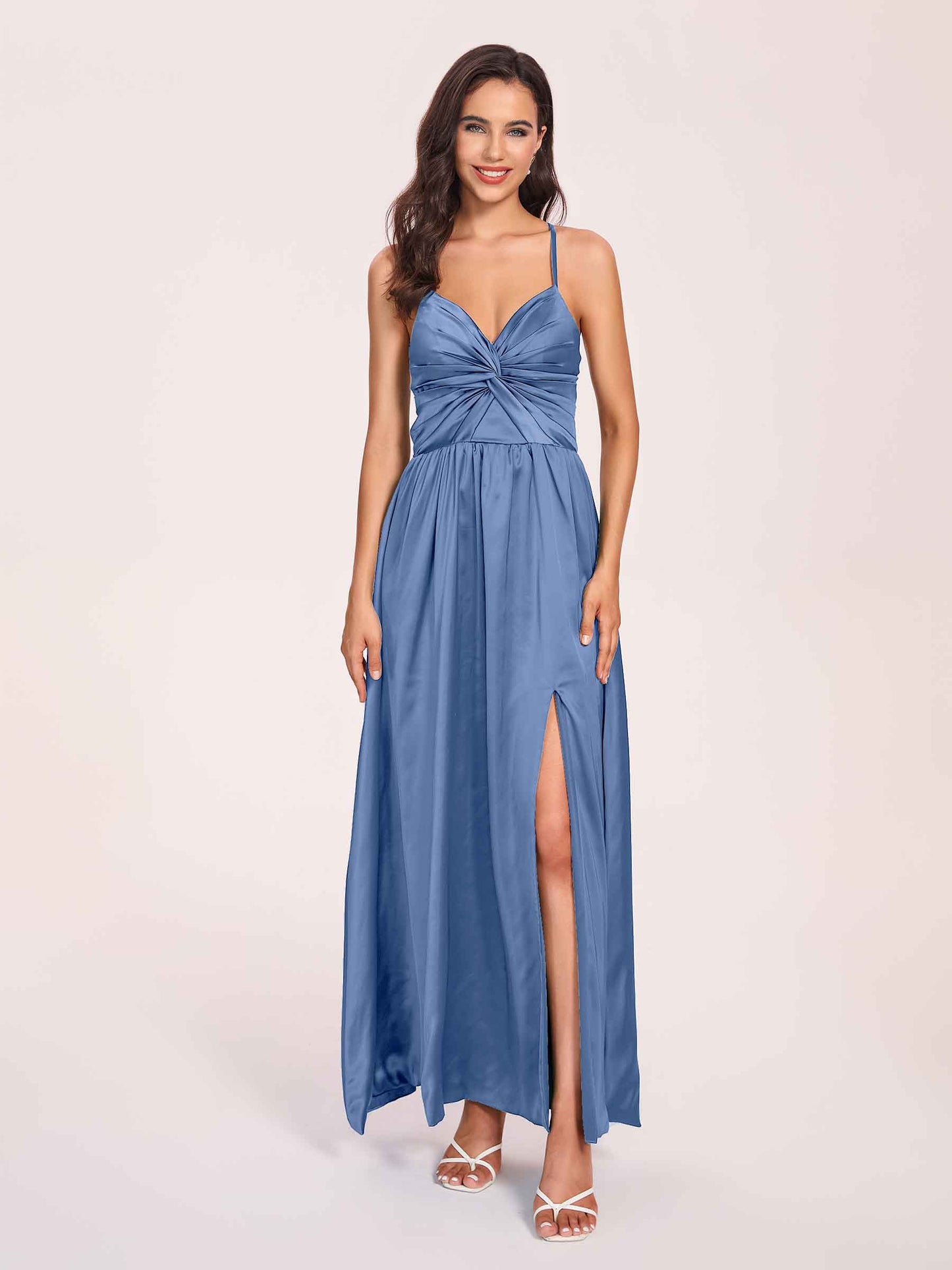 Satin Spaghetti Straps A-line Bridesmaid Dresses Side Slit Floor Length