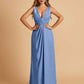 Sexy Satin Deep V-neck Long Bridesmaid Dresses A-line Pleats Sleeveless Floor Length