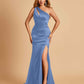 Sexy Satin Key Hole Bridesmaid Dresses One Shoulder Key Hole Floor Length Sheath For Sale