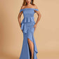 Satin Mermaid Off Shoulder Prom Dresses With Ruffles Side Slit Floor Length