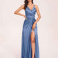 Sexy Satin A-line Prom Dresses Spaghetti Straps Side Slit V-neck Floor Length